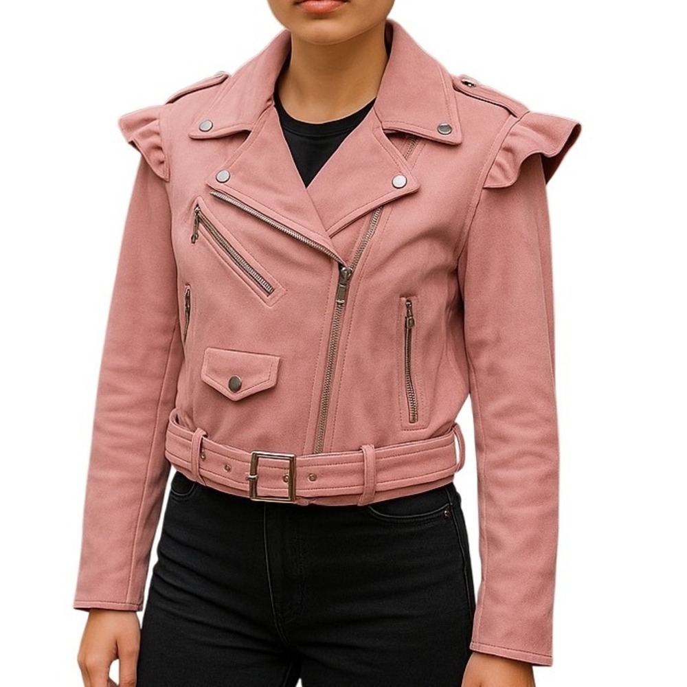 Parisian Faux Suede Pink Moto Motorcycle Biker Women's Jacket Size 10 NWT‎